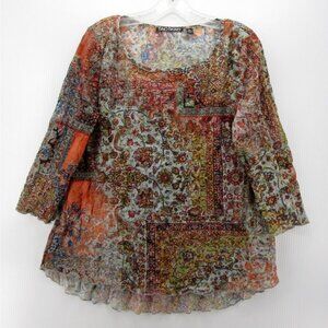 Sno Skins Top Medium Pullover Blouse Artsy Boho Paisley Sheer Colorful